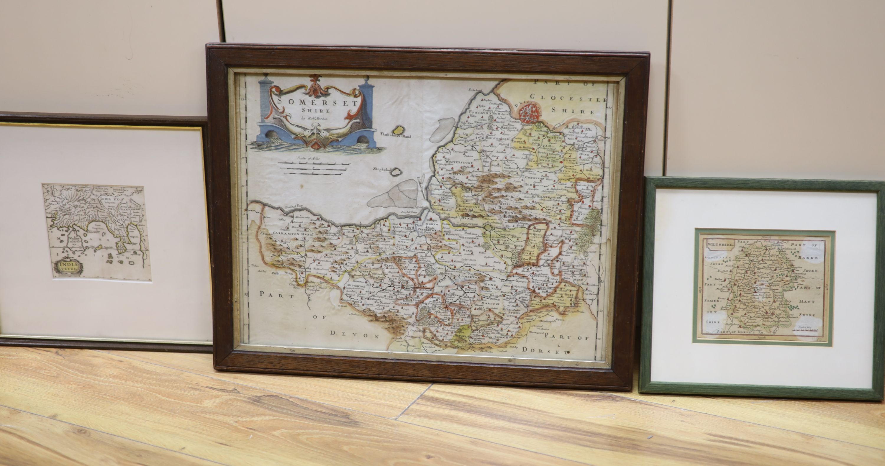 Robert Morden, coloured engraving, Map of Somersetshire, 32 x 43cm and two smaller maps of Wiltshire and India